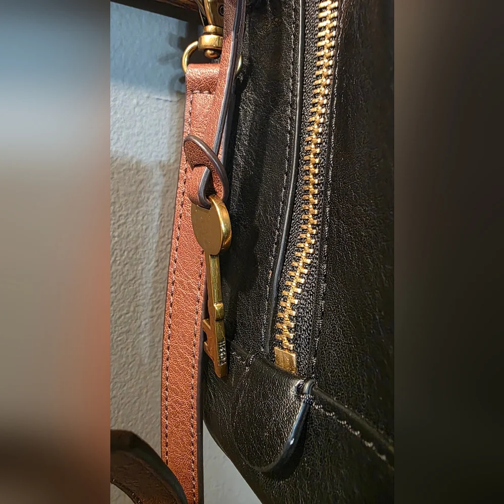 Fossil Rachel Satchel Handbag Crossbody Black/White Gold Accents OS